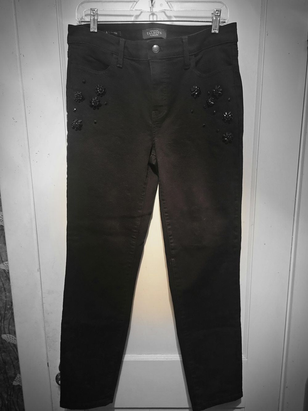 Talbots Black Skinny Jeans with Beaded Floral Embellishments, Sz.8